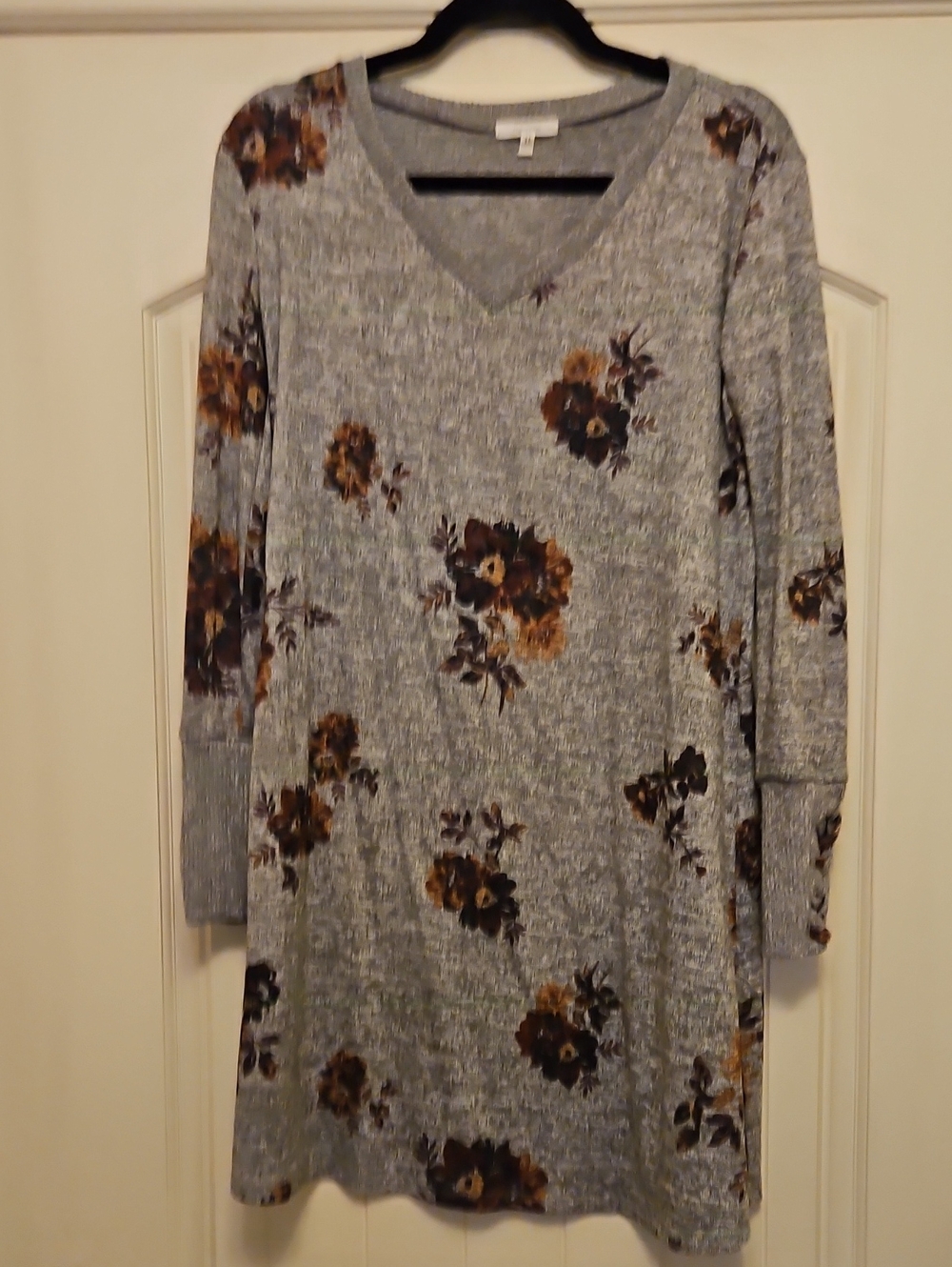 Maurices Gray V-Neck Long Sleeve Dress with Brown Floral Print